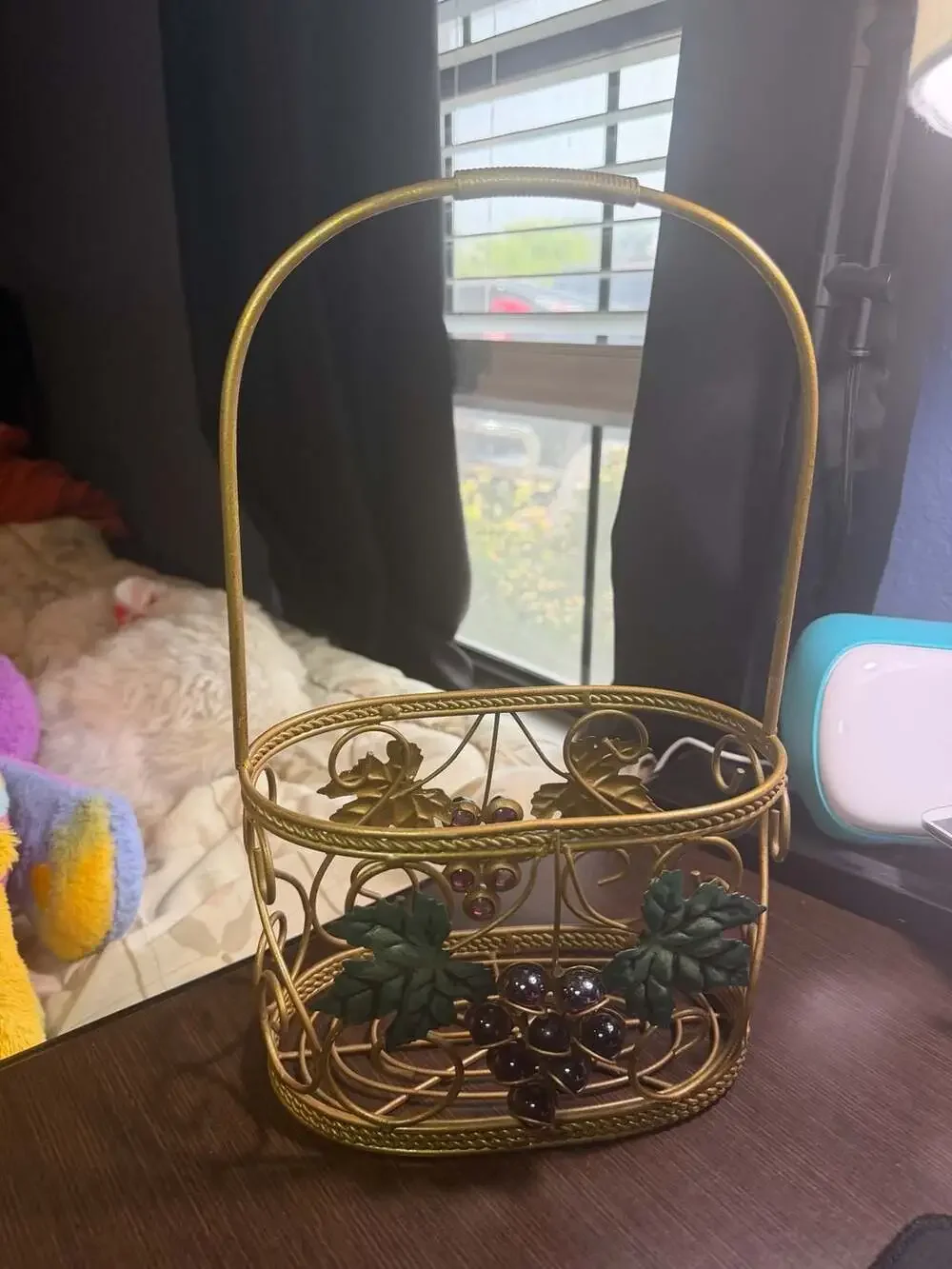 Vintage Gold Tone Metal Wire Basket with Grape and Leaf Accents